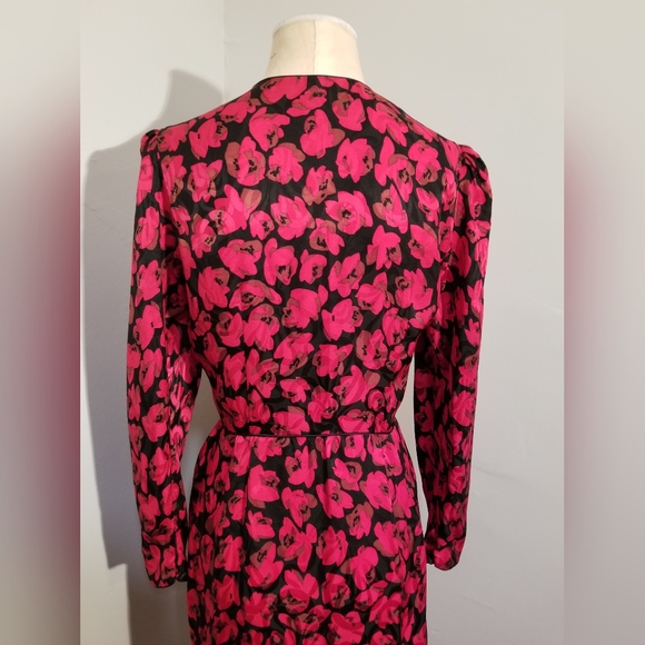 MAGGY LONDON BY JEANNENE BOOHER VINTAGE SILK RED BLACK FLORAL FAUX WRAP DRESS 12 - Picture 9 of 10